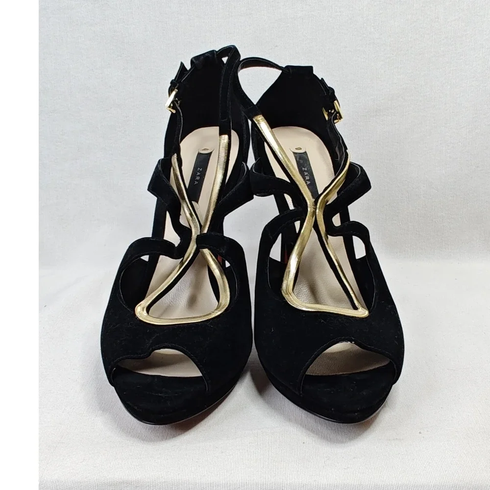 Zara Platform‎ Heels EU 40 Black Gold Snake Chain Strappy Peep Toe Red Sole